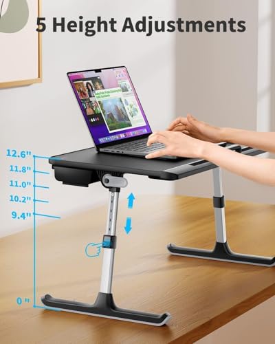 SAIJI Laptop Bed Tray Table - Adjustable Lap Desk for Couch (Dark Black) | Fits 17" Laptop, Work From Home & Dorm Study, with Storage Drawer & PVC Leather