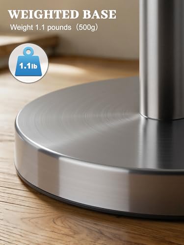SMARTAKE Paper Towel Holder Countertop, Non-Slip Weighted Base, Silver | Freestanding Kitchen Roll Dispenser, Rustproof Stainless Steel, Spring Arm for Easy Tear, Widden Top, with 4 Suction Cups