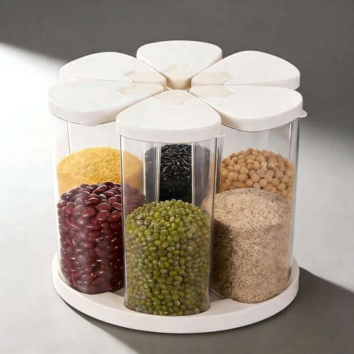 5-10 lbs Rice Dispenser 6 Grids 360° Rotating Cereal Dispenser Countertop BPA-Free PET Grain and Rice Storage Container with Lids Dry Food Dispenser Grain Canister Sets for Oats Flour Corn Flakes