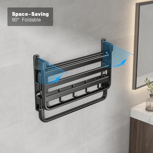 24-Inch Towel Rack,Bathroom Towel Shelf with 2 Towel Bar Foldable Towel Holder with 7 Hooks Towel Storage Organizer for Bathroom & Lavatory Wall Mounted (Matte Black)