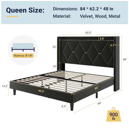 Allewie Velvet Queen Upholstered Bed Frame with Wingback Storage Headboard & Charging Station, Platform Bed with Diamond Tufted Design & Gold Trim, No Box Spring Needed, Easy Assembly, Black
