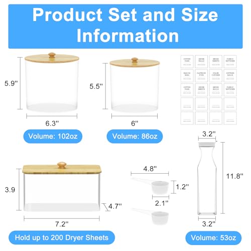 3+1 Pack Laundry Pods Containers & Dryer Sheet Holder & Laundry Detergent Dispenser, Laundry Room Organization and Storage Jars with Lids, Labels and Scoops for Scent Booster, Powder, Pods