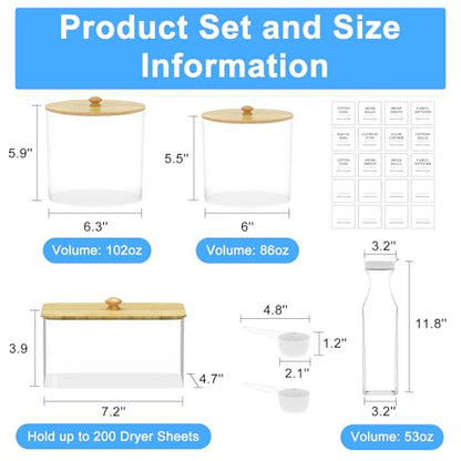 3+1 Pack Laundry Pods Containers & Dryer Sheet Holder & Laundry Detergent Dispenser, Laundry Room Organization and Storage Jars with Lids, Labels and Scoops for Scent Booster, Powder, Pods