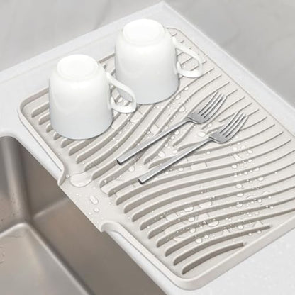 Silicone Dish Drying Mat for Kitchen Counter, Cream-1pcs, 20" x 15" | Heat Resistant & Non-Slip Dish Drain Pad with Built-In Drain, Dishwasher Safe, Quick-Dry, Hangable & Roll-Up for Storage