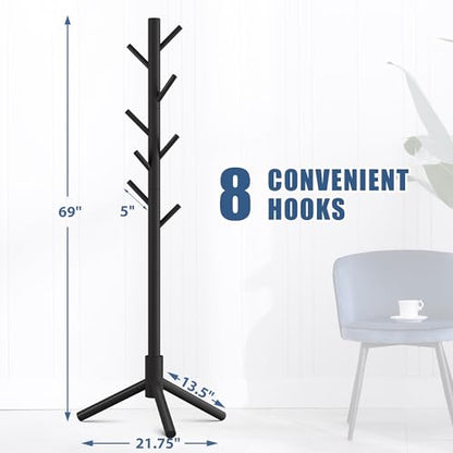 Haddockway Wooden Coat Rack Stand with 8 Hooks New Zealand Pine 3 Adjustable Coat Standing Tree Easy Assembly for Coats, Hats, Scarves and Handbags for Entryway, Hallway, Bedroom, Office