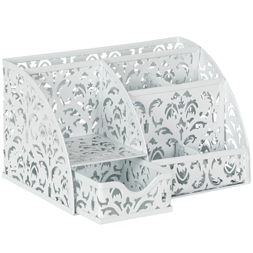 EasyPAG Desk Organizer and Pen Holder for Desk, Mesh Office Supplies Storage Caddy with Drawer for Small Space, Desktop Organizer for Home Office, White