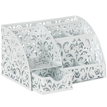 EasyPAG Desk Organizer and Pen Holder for Desk, Mesh Office Supplies Storage Caddy with Drawer for Small Space, Desktop Organizer for Home Office, White