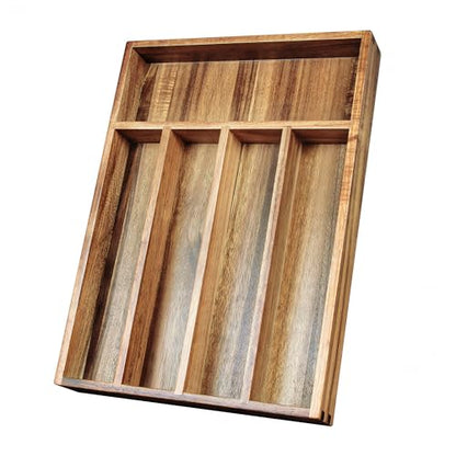 KITEISCAT Acacia Wood Silverware Organizer, Kitchen Utensil Drawer Organizer for Forks, Knives & Spoons, 5-Compartment Cutlery Tray, Flatware Holder