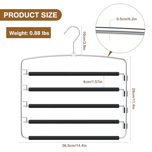 Pants Hangers Space Saving, 2 Pack Anti-Slip Space Saving Hangers, 5 Layer Swing Arm Pants Hanger Stainless Steel with Non-Slip Padding, Closet Organizers & Storage for Pants Trousers Jeans