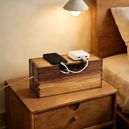 Acacia Wood Cable Management Box, Wooden Cord Hider Organizer for Power Strip, Desk/Floor/TV Wire Storage, Under Desk Cable Organizer for Home Office