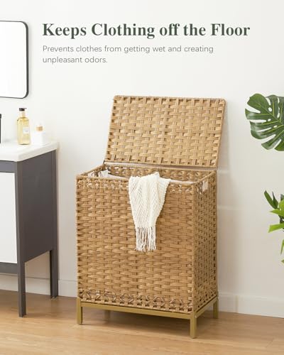 Laundry Hamper with Lid, 112 L Handwoven Rattan Wicker Laundry Basket, 2 Removable Liner Bags Metal Heightened Feet, 6 Mesh Bags, 2 Section Large Clothes Hamper for Bathroom Bedroom, Natural