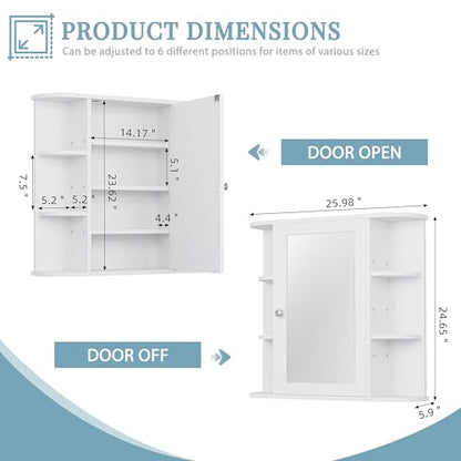 Shintenchi Bathroom Medicine Cabinet with Mirror, Wall Mounted, White | Mirrored Door Over the Toilet Storage, with 4 Internal and 6 Open Shelves, Storage Organizer Cupboard, Easy to Assemble