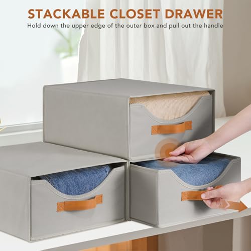 4 Pcs 16.5" Closet Drawers and Large Size Clothes Storage Bins Push-Out Storage Stackable Shelf Drawers with See-Through Window Closet Organizers for Bedroom, Living Room, Under Bed, Grey