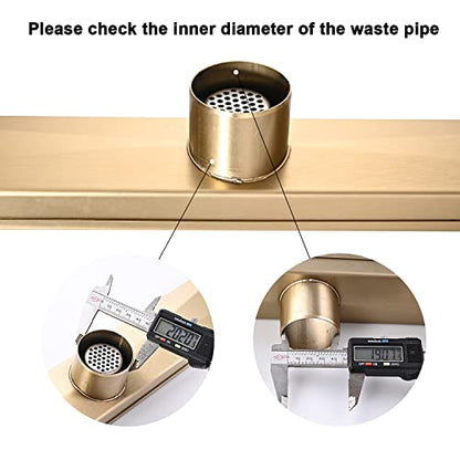 Linear Shower Floor Drain, Brushed Gold 24 Inch 304 Stainless Steel Bathroom Drains Kit, Rectangular Shower Trench Drain with Reversable Tile-in Pattern Drain Cover & Hair Catcher