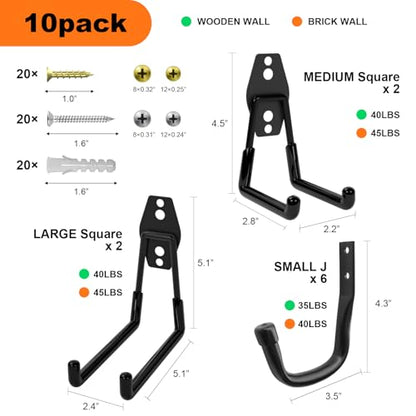 Heavy Duty Wall Garage Hooks, Steel Anti-Slip Utility Hooks Storage Organization Hangers for Ladders, Bikes, Hose, Garden Tools, Coats, Bags with Mounting Hardware Kit (Black, 12 Pack)