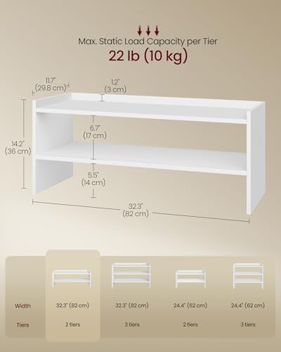 VASAGLE Shoe Rack for Closet, Stackable Organizer Shelf | Stackable Shoe Organizer Shelf for Entryway, 2 Tiers, 11.7 x 32.3 x 14.2 Inches, White, CUSTOS Collection, ULBS060WZ01S