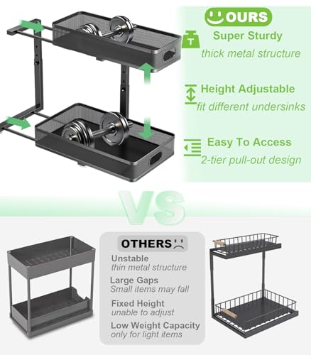 Under Sink Organizer 2 Pack, High Adjustable 2 Tier Under Sink Organizers and Storage, Slide out Metal Cabinet Organizers, Pull out Storage Drawer Shelf for Kitchen Bathroom Cabinet (Black)