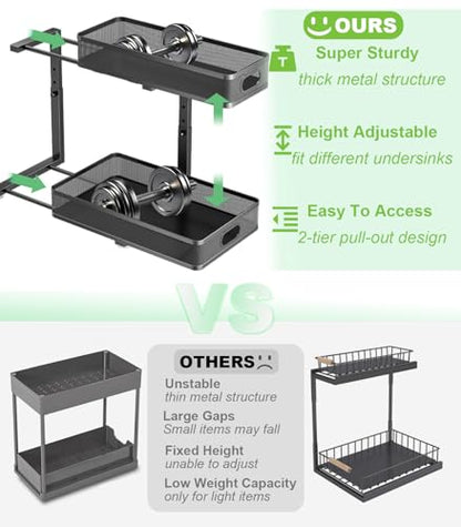 Under Sink Organizer 2 Pack, High Adjustable 2 Tier Under Sink Organizers and Storage, Slide out Metal Cabinet Organizers, Pull out Storage Drawer Shelf for Kitchen Bathroom Cabinet (Black)