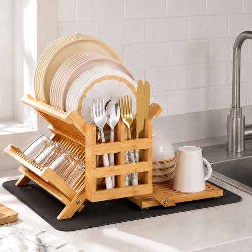 Bamboo Dish Drying Rack with Utensil Holder, 3 Tie... (Natural | Bamboo)