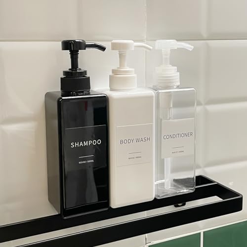 Shampoo and Conditioner Dispenser, Refillable Plastic Shampoo Pump Bottles with Waterproof Labels, Empty Body Wash Dispenser Set for Bathroom, Shower Soap Bottles (Black, Set of 3, 16.9oz)