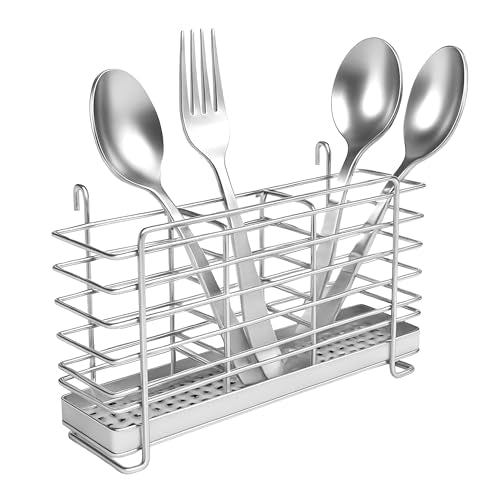 KESOL 304 Stainless Steel Utensil Holder Drying Rack with Hooks, 2x8.7x5 | Utensil Drying Rack, Sink Caddy, Silverware Drying Rack Spoon Organizer, 3 Divided Compartments, Rust Proof, No Drilling