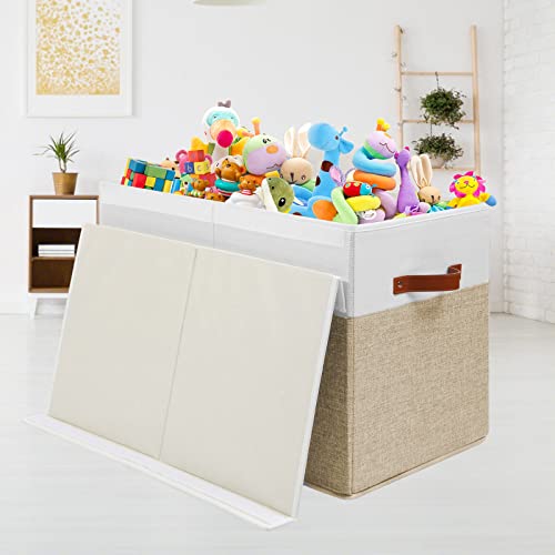 Large Toy Storage Box with Lid, Toy Chest Bin Boxes Basket with Dividers | Sturdy Toy Organizer Bin for Kids, Boys, Girls, Nursery, Living Room, Bedroom, Playroom 25"x13" x16" (Beige and White)