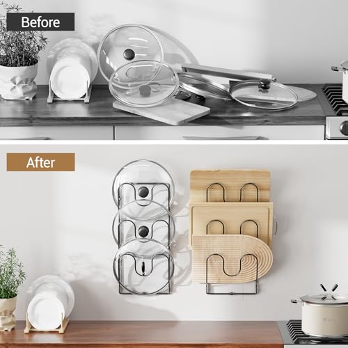 Pot Lid Organizer Rack for Cabinet Door, 2 Pack Pot Lid Holder Black | 6-Tier Lid Racks for Cabinet Door/Wall, No Drilling Adhesive Mount, Rustproof, Fits Pot Pan Lid, Cutting Board & Cookie Sheet