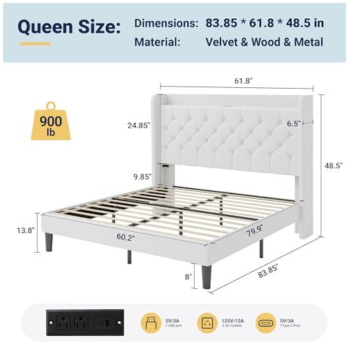 Allewie Queen Size Bed Frame, Storage Headboard with Charging Station, Wingback Velvet Upholstered, Diamond Stitched Button Tufted, Sturdy Wooden Slats, No Box Spring Needed, Easy Assembly, White