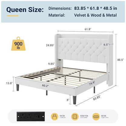 Allewie Queen Size Bed Frame, Storage Headboard with Charging Station, Wingback Velvet Upholstered, Diamond Stitched Button Tufted, Sturdy Wooden Slats, No Box Spring Needed, Easy Assembly, White