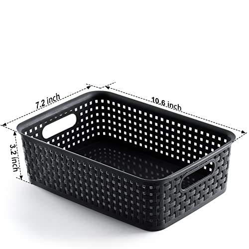 [ 8 Pack ] Plastic Storage Baskets, Small Pantry Organization and Storage Bins, Household Organizers for Laundry Room, Bathrooms, Kitchens, Cabinets, Countertops, Under Sink or Shelves, Black