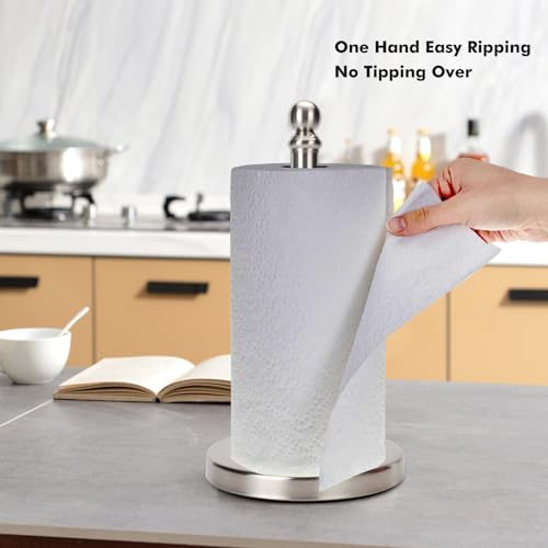 Paper Towel Holder Countertop, Standing Paper Towel Roll Holder for Kitchen Bathroom, with Weighted Base for One-Handed Operation (Brushed Nickel)
