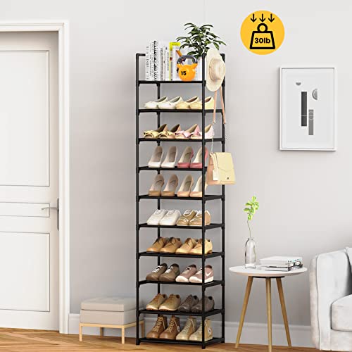 Narrow Shoe Rack 10 Tiers Tall Shoe Rack for Entryway Closet 20 24 Pairs Shoe & Boots Organizer Storage Shelf Durable Black Metal Stackable Shoe Cabinet with Hooks, 17.1D x 11.8W x 78.7H in