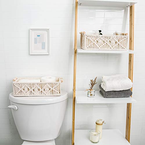 Mkono 2Pc Macrame Storage Baskets, Boho Bathroom Toilet Paper Holder, Ivory | Small Baskets for Organizing, Hand-Woven, Bohemian Beach Coastal Decor, Shelf Vanity Cabinet Bedroom Living Room Office Dorm