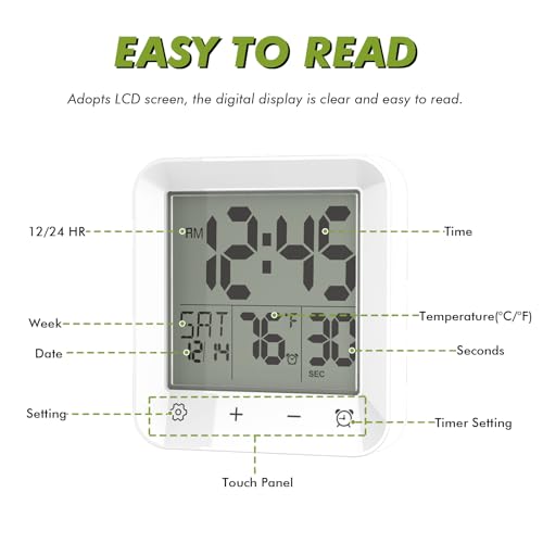 Digital Shower Clock Waterproof, Bathroom Wall Clock Timer with Touch Screen, Temperature, LCD Display, Suction Cup Hanging Hole Stand for Kids and Adults