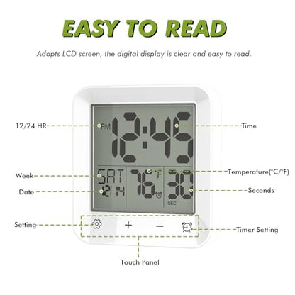 Digital Shower Clock Waterproof, Bathroom Wall Clock Timer with Touch Screen, Temperature, LCD Display, Suction Cup Hanging Hole Stand for Kids and Adults