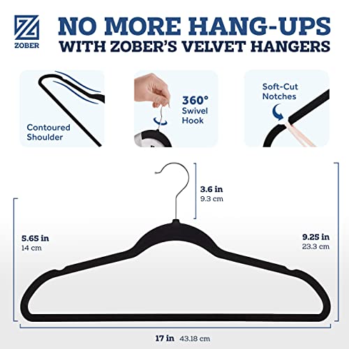 ZOBER Black Velvet Hangers 50 Pack - Clothes Hangers, Coat Hanger for Pants & Dress Clothes - Non Slip w/ 360 Degree Swivel, Holds up to 10 lbs - Strong Felt Hanger for Clothing