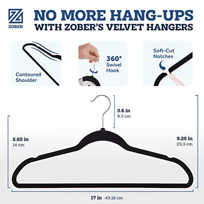 ZOBER Black Velvet Hangers 50 Pack - Clothes Hangers, Coat Hanger for Pants & Dress Clothes - Non Slip w/ 360 Degree Swivel, Holds up to 10 lbs - Strong Felt Hanger for Clothing