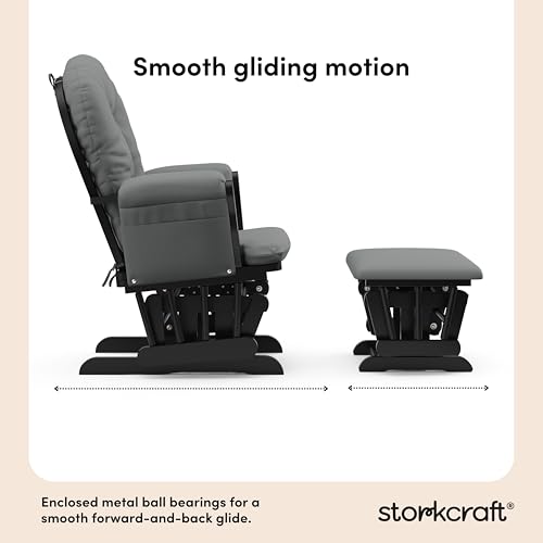 Storkcraft Premium Hoop Glider & Ottoman, Black with Gray | GREENGUARD Gold Certified, Solid Wood Craftsmanship, Convenient Storage Pockets, Glider Rocking Chair for Nursery