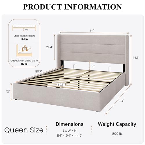 SHA CERLIN Queen Size Lift Up Hydraulic Storage Bed Frame Light Beige | Modern Wingback Headboard, Upholstered Platform Bed Frame, Hydraulic Underneath Storage, No Box Spring Needed