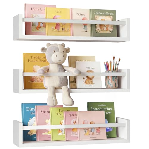 Floating Nursery Book Shelves for Wall, 16.5in, Se... (3 Count | White | Pine)