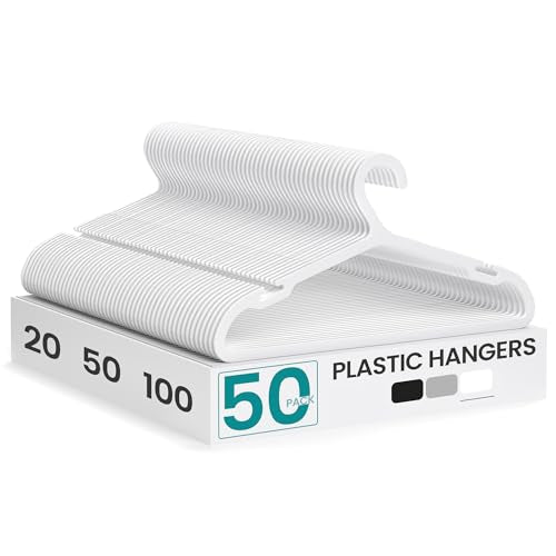 SONGMICS Clothes Hangers, Pack of 50, Plastic Hangers, with Wide Shoulder Notches, Space-Saving Coat Hangers, 16.4 Inches Wide, for Closet, Cloud White UCRP010W01