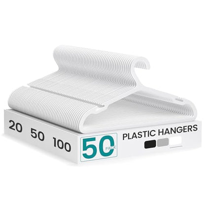 SONGMICS Clothes Hangers, Pack of 50, Plastic Hangers, with Wide Shoulder Notches, Space-Saving Coat Hangers, 16.4 Inches Wide, for Closet, Cloud White UCRP010W01