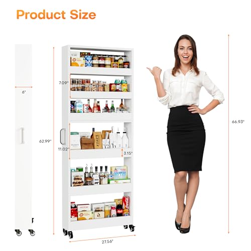 Slim Storage Cart, Lightweight 6 Tier Metal Rolling Utility Kitchen Cart on Wheels, Mobile Storage Shelving Unit Organizer for Bathroom Laundry Office Narrow Places (White, 6" D)