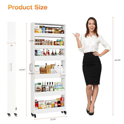 Slim Storage Cart, Lightweight 6 Tier Metal Rolling Utility Kitchen Cart on Wheels, Mobile Storage Shelving Unit Organizer for Bathroom Laundry Office Narrow Places (White, 6" D)