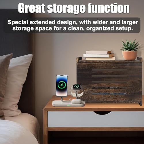 Wooden Router Box Hider Large Charcoal Retro with Cable Management, Modern Wifi Router Shelf Storage Box Wifi Box Hider for Home and Office