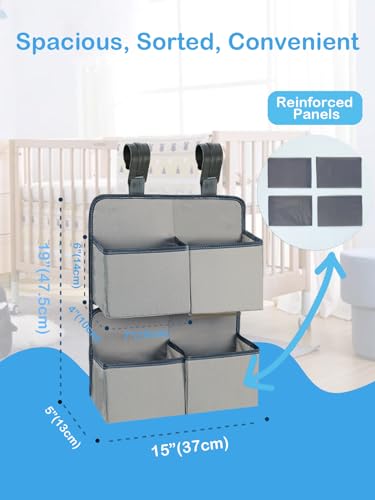 Hanging Diaper Organizer for Crib/Playpen/Bassinet/Playard – Hold 80+ Diapers - 4 Deep Pockets- Changing Table Diaper Holder Bag- Diaper Storage for Newborn Baby Essentials Stacker Caddy, Gray