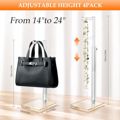 4Pcs Acrylic Purse Display Stands, 14"-24" Adjustable Height Handbag Holder with Anti-Slip Gold Trim Base, Standing Hooks for Necklace Scarf Medal Pocket Watch, Elegant Clear Rack for Closet Retail Boutique Counter
