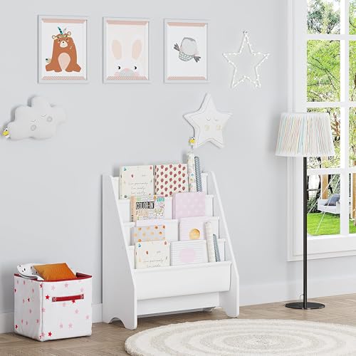 UTEX Kids Bookshelf Storage, Thick Cotton Sling Book Shelf for Kids Rooms | 4-Tier Toddler Magazine Book Rack, Children Book Organizer, Front Facing, Deep, Space Saving, Toddler Room, Gift, White