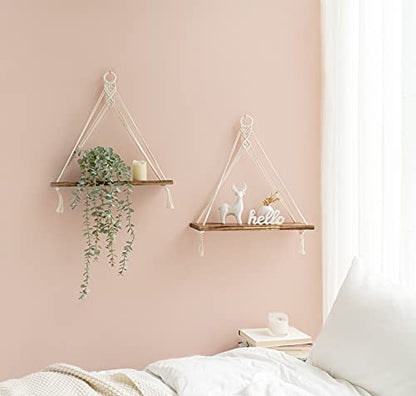 Mkono Macrame Hanging Shelves Boho Wall Decor Set of 2 Floating Wood Shelf | Cute Room Decor for Teen Girls Display Storage Shelves for Hanging Plant Photos Fit Bedroom Bathroom Living Room Nursery Dorm