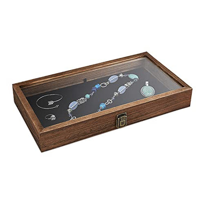 MOOCA Wood Jewelry Display Case with Tempered Glass Top, Black Velvet Pad | Wood display case with a glass top and removable black velvet pad accommodates taller jewelry and collectibles.